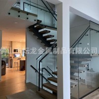 外贸出口Custom 极简风钢结构悬浮楼梯 实木踏步 + 玻璃护栏